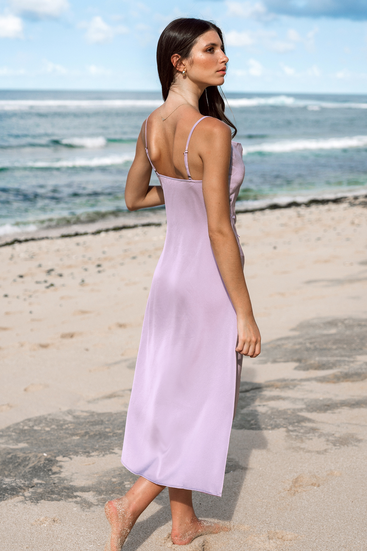 Robe maxi à col bénitier et ourlet fendu lavande