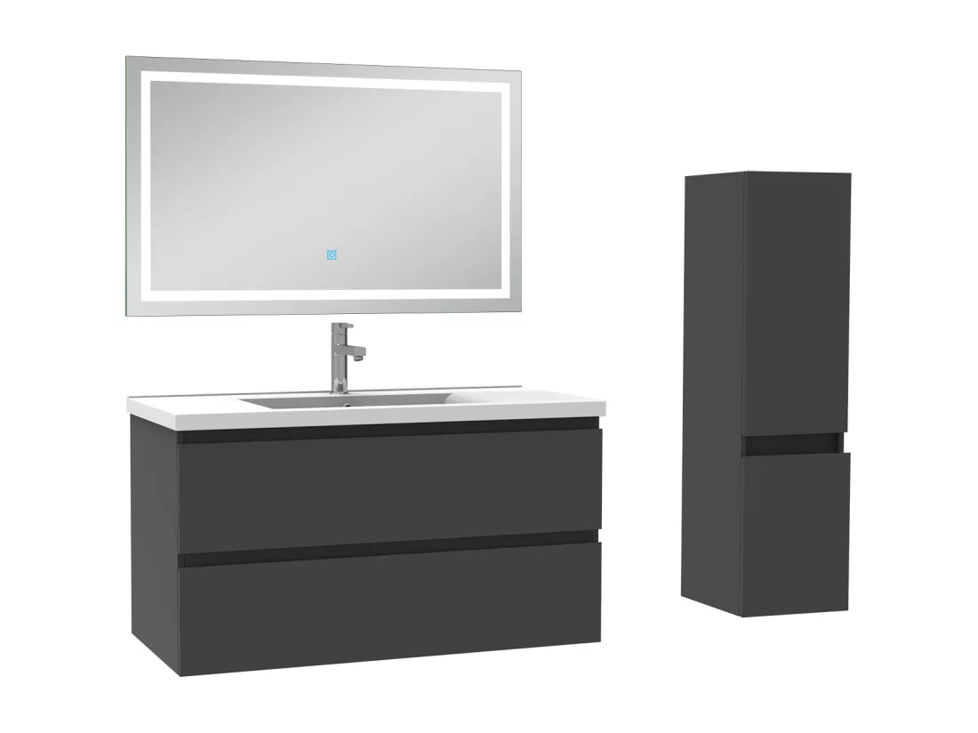 Ensemble meuble salle de Bain 100cm simple vasque avec colonne et miroir 3 couleurs Anthracite