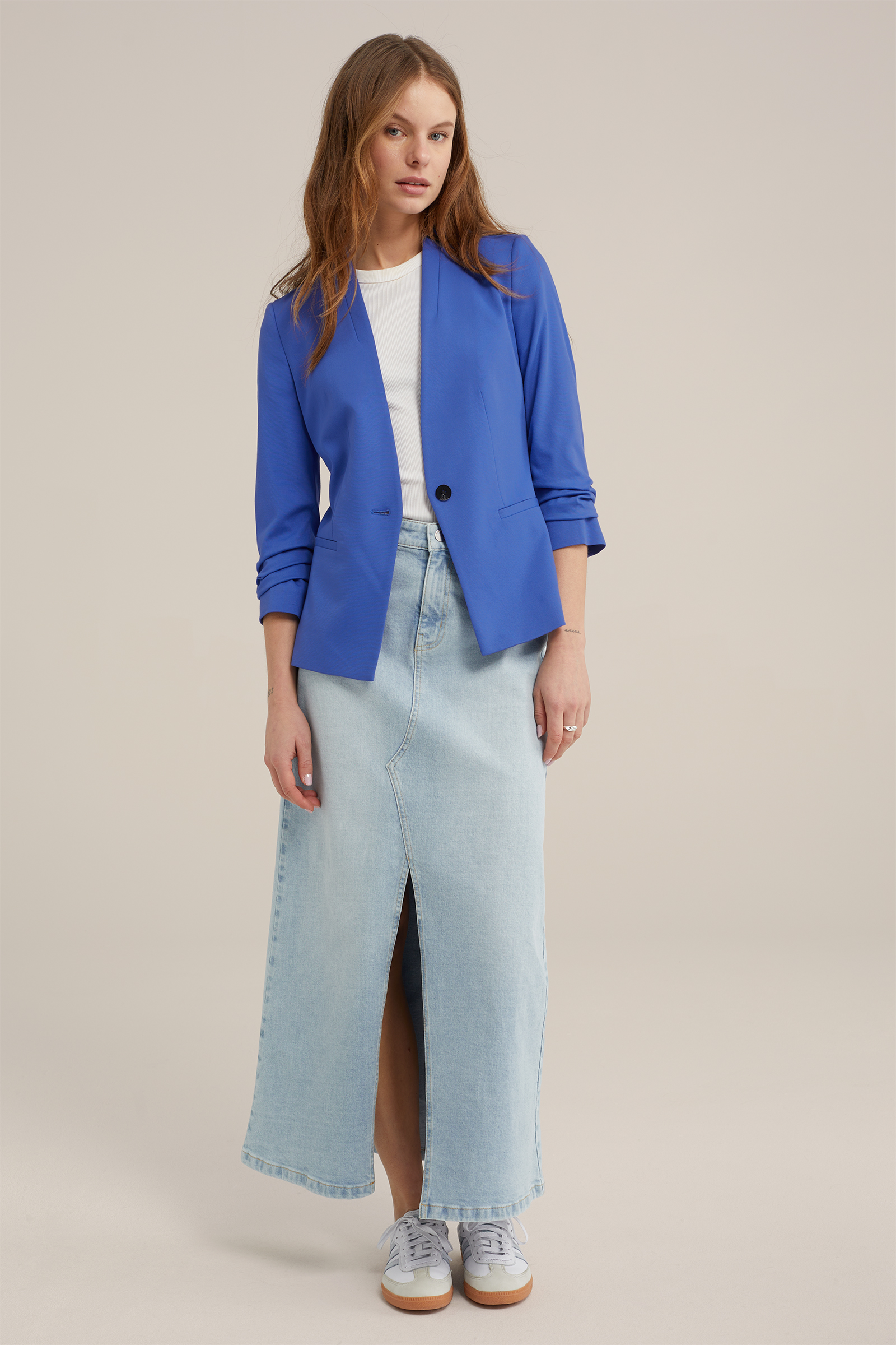 getailleerde jersey blazer met rimpeleffect WE Fashion IJsblauw