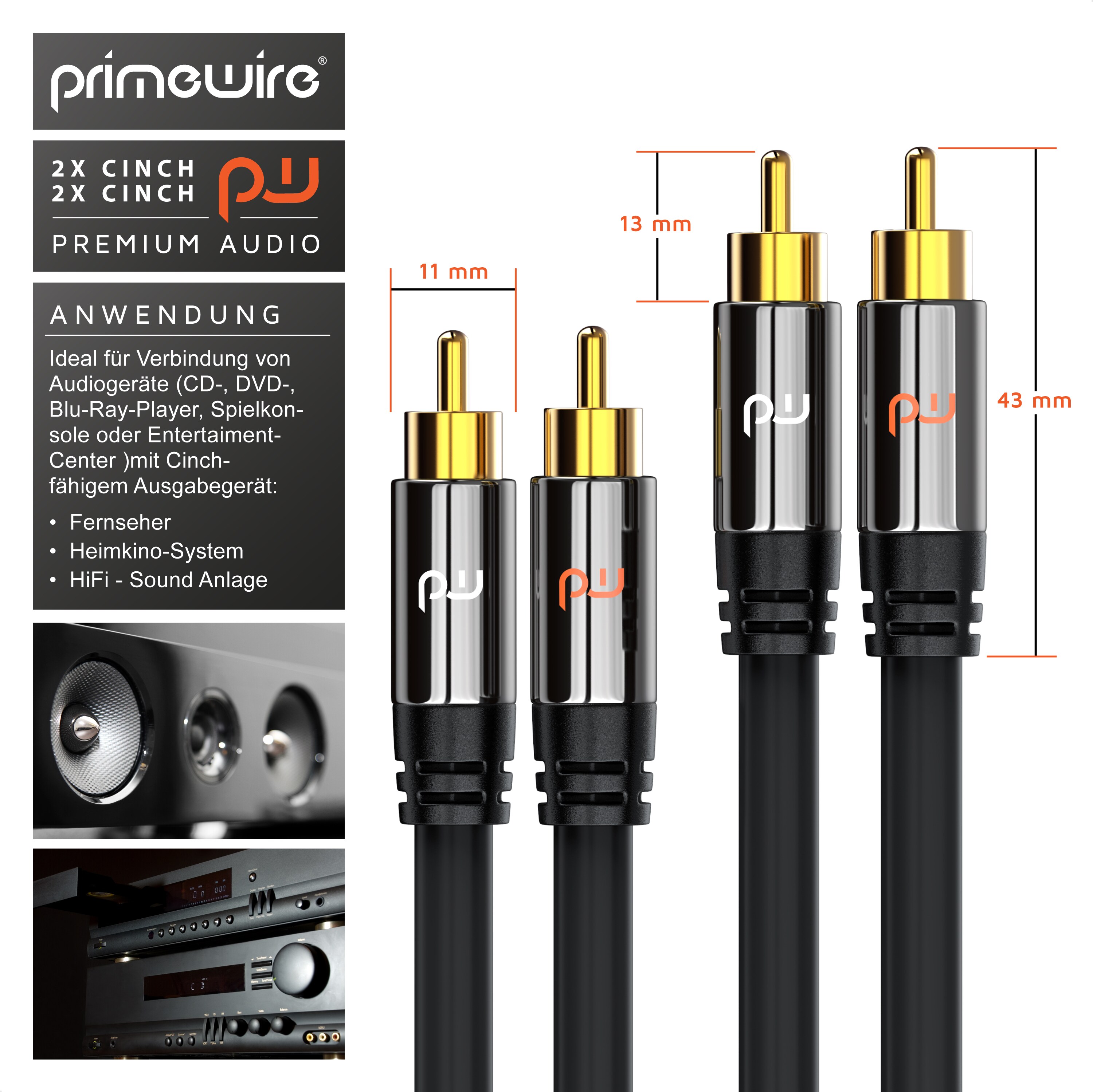 Primewire Stereo-Cinch Audio-Kabel, RCA, HiFi Audio-Kabel mehrfach geschirmt, 2x Cinch auf 2x Cinch - 1m