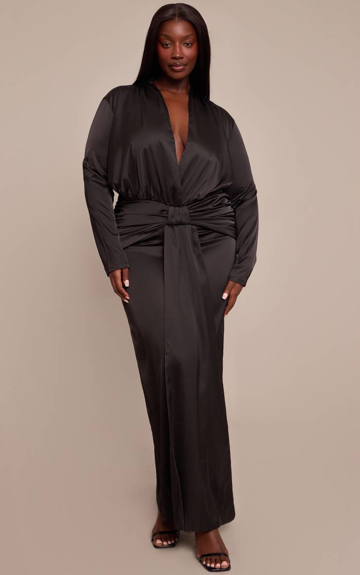 Noir Robe Maxi Grande Taille En Satin Avec Drapé Torsadé Sur Le Devant
