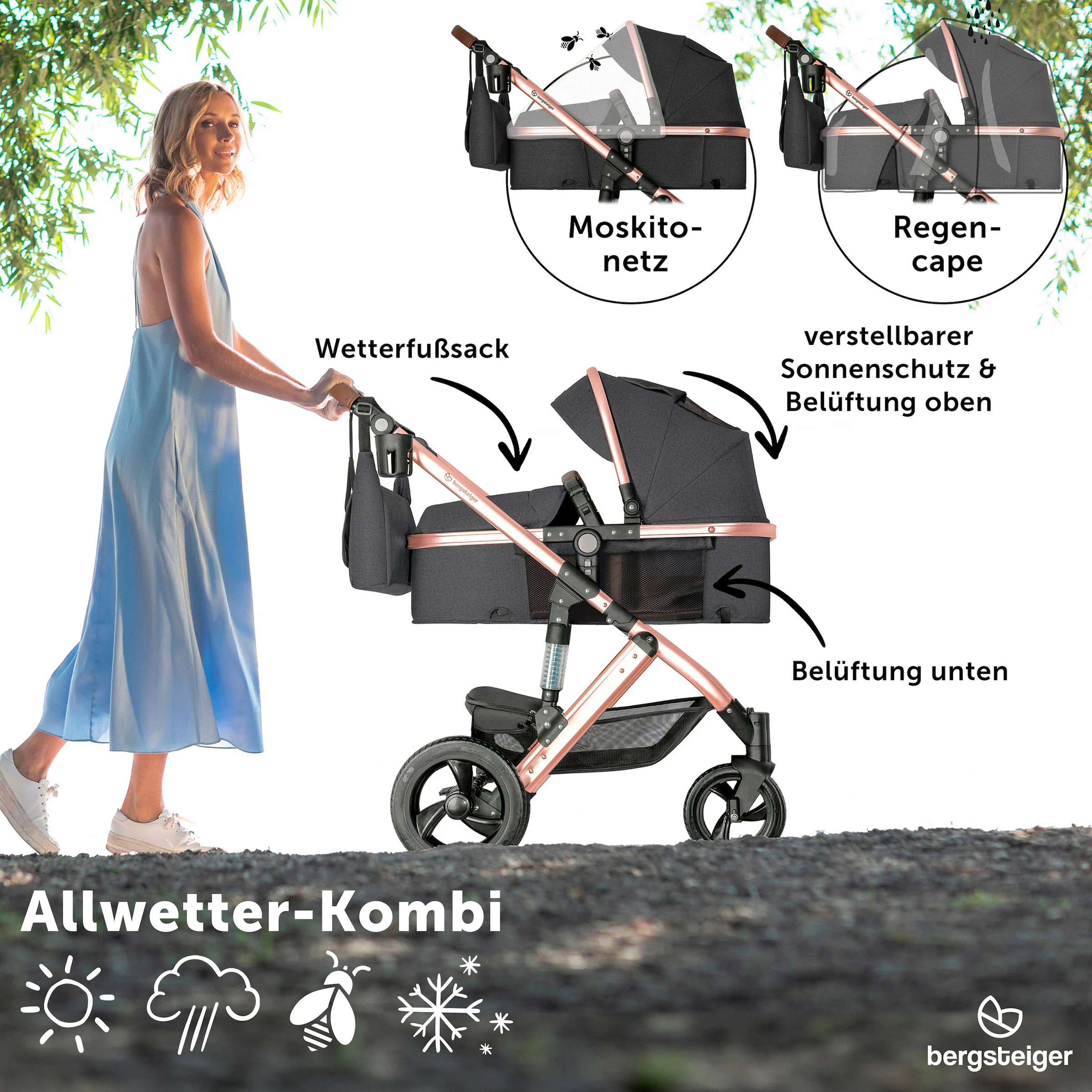 Bergsteiger Kinderwagen Nizza grey | Gestell: rose golden