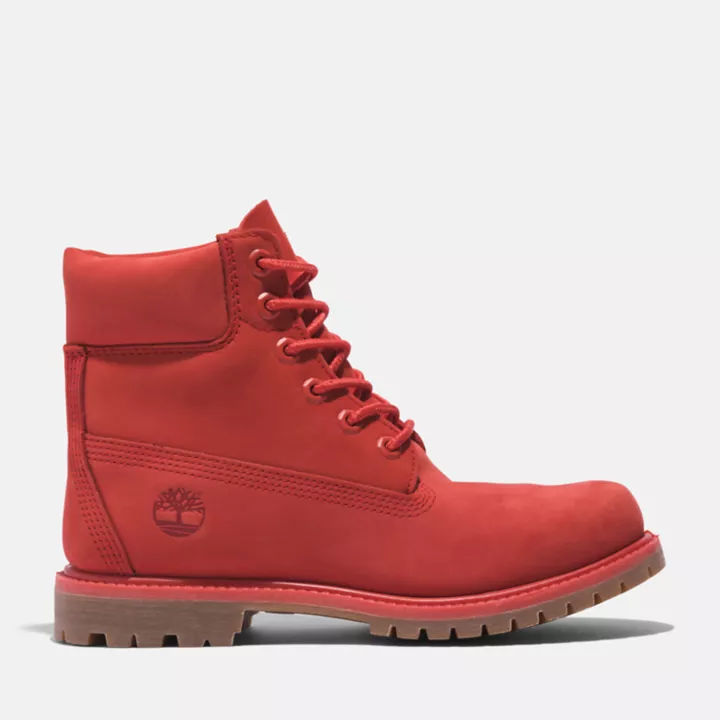 Bota Timberland Premium de 6 polegadas impermeável, edição 50, para mulheres, na cor vermelha.