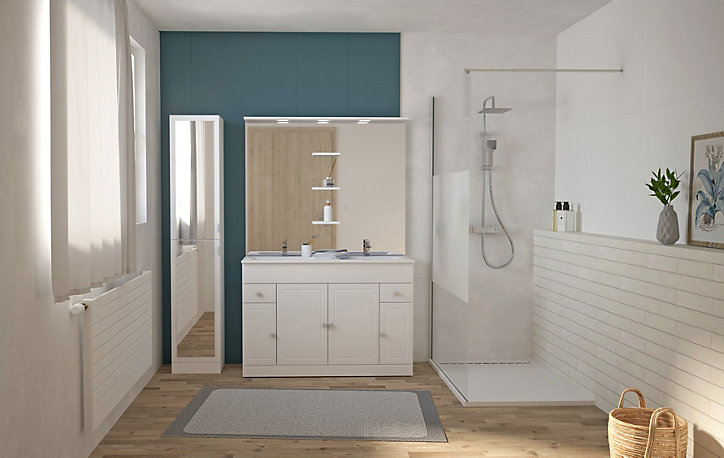 Ensemble meuble de salle de bains l.120 cm avec double vasque et miroir + colonne l.35 cm coloris blanc Atrato