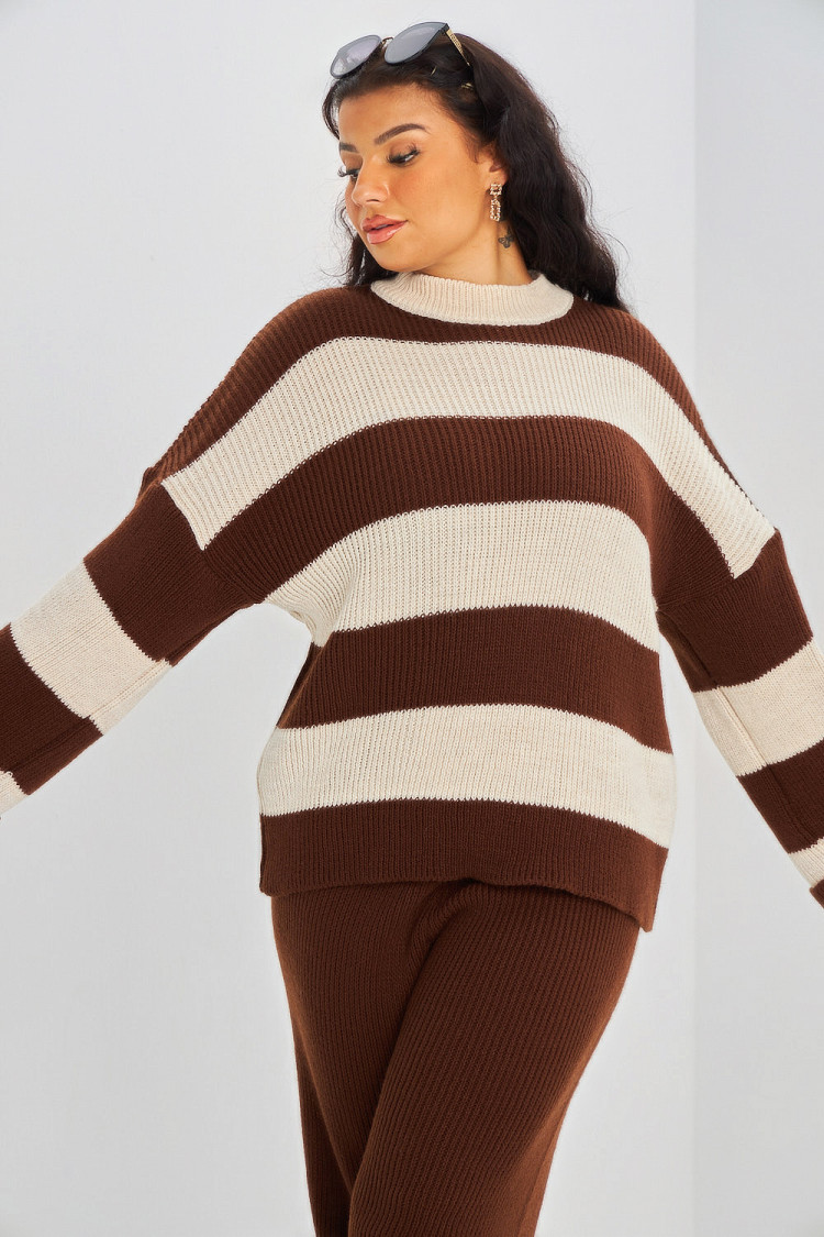 Ensemble 2 pièces pull + pantalon bicolore marron/beige