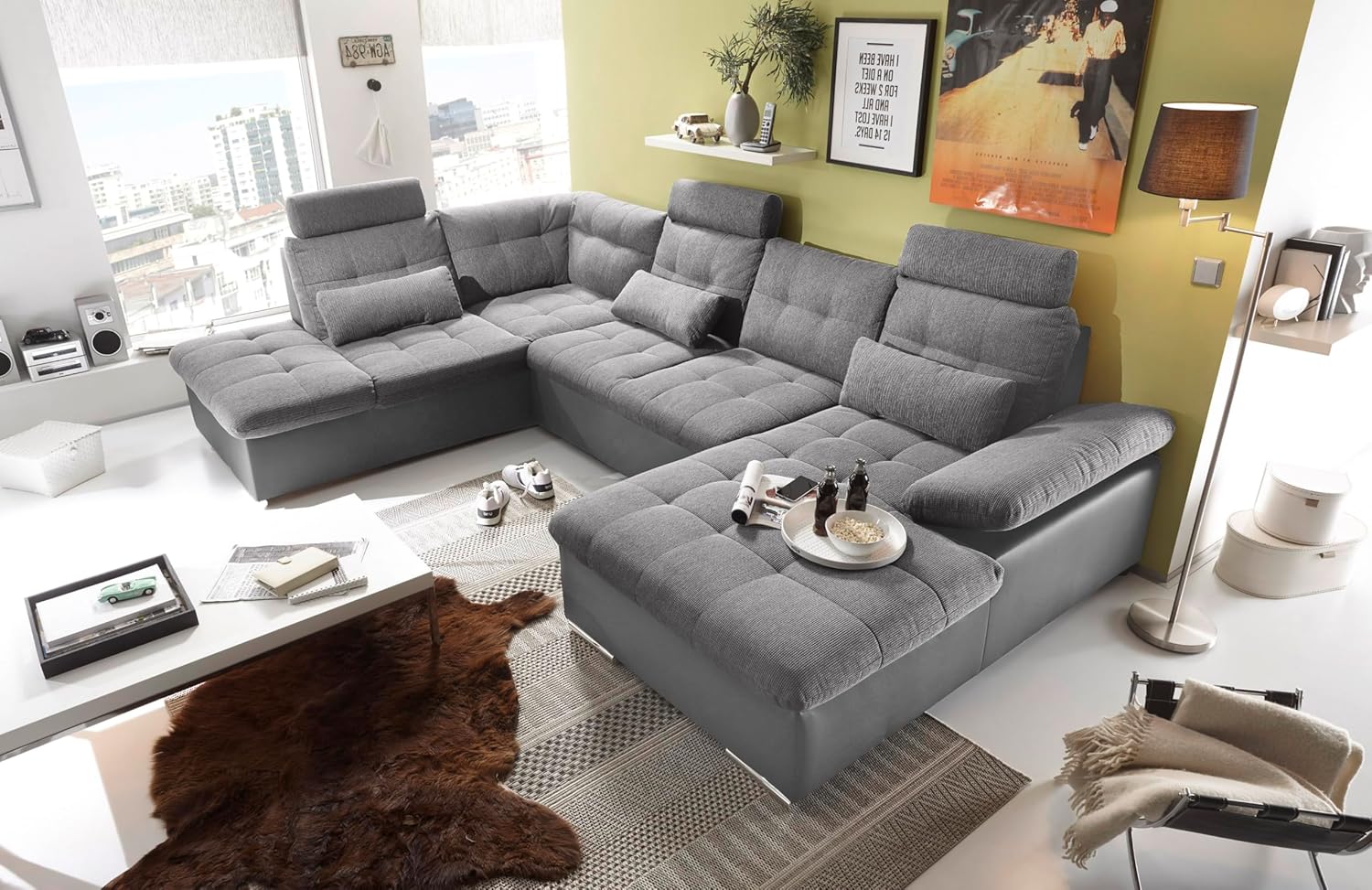 JAKARTA Wohnlandschaft in U-Form, Stoffbezug Schwarz / Lava - Ausziehbares Sofa mit Schlaffunktion & Bettkasten - 324 x 107 x 170 cm (B/H/T)