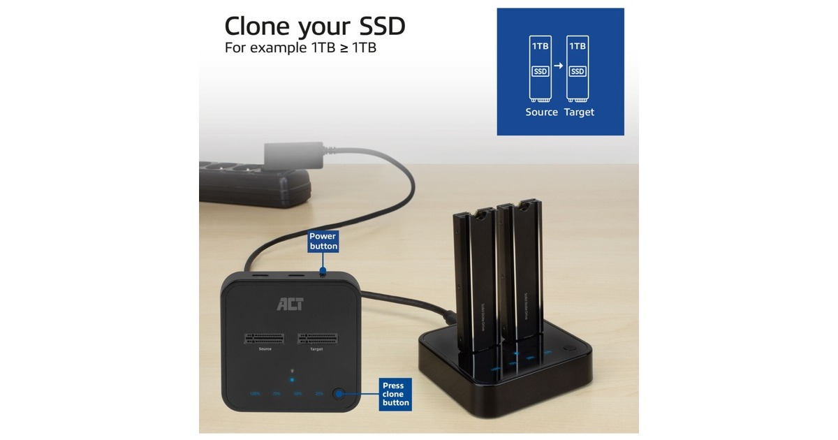 ACT ConnectivityM.2 NVMe/PCIe dual SSD docking clone station, USB-C 3.2 Gen2 dockingstation  (Zwart)