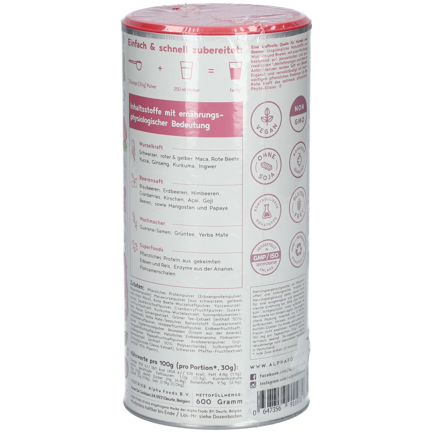 ALPHA FOODS Rote Kraft Kurkuma + Maca + Acai + Protein vegan