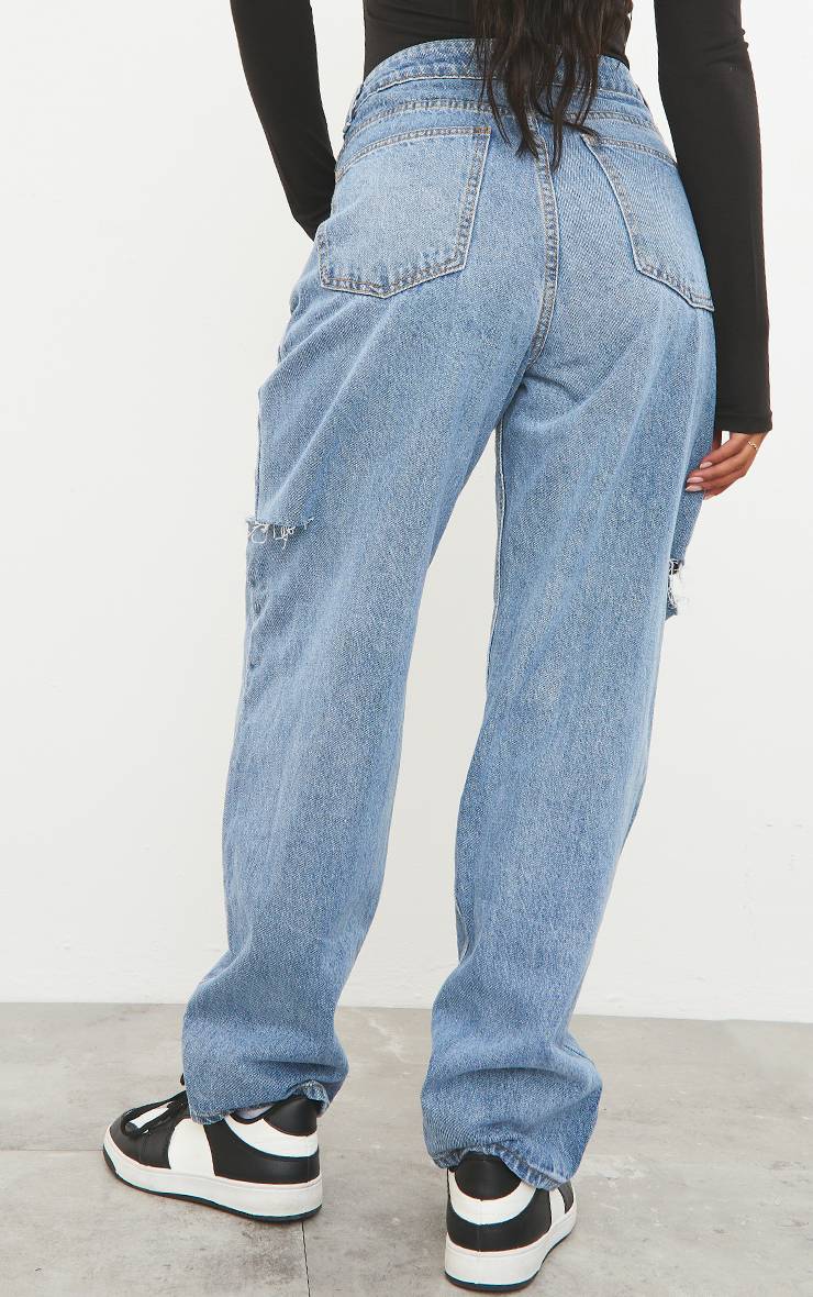 Mid Blue Wash Jean Boyfriend Ample Délavage Moyen Avec Fente À La Cuisse