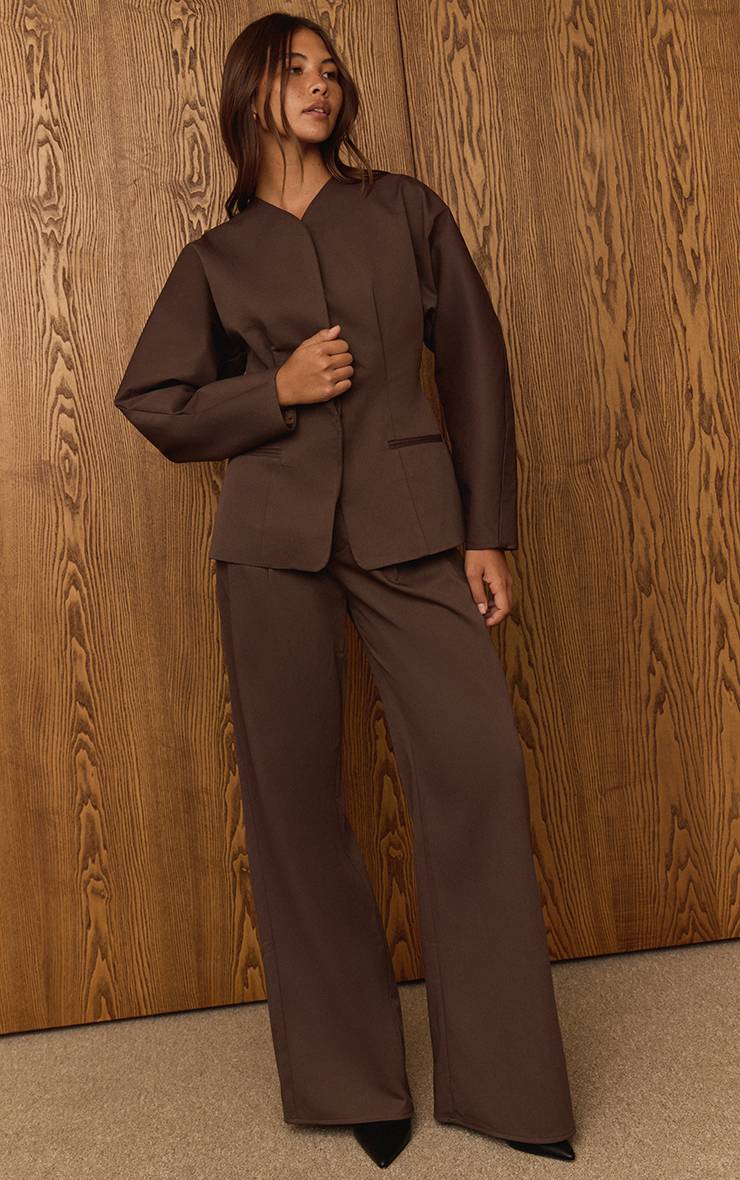 Marron Foncé Pantalon Large Plissé Tailleur En Tissu Tissé Premium Coordonné