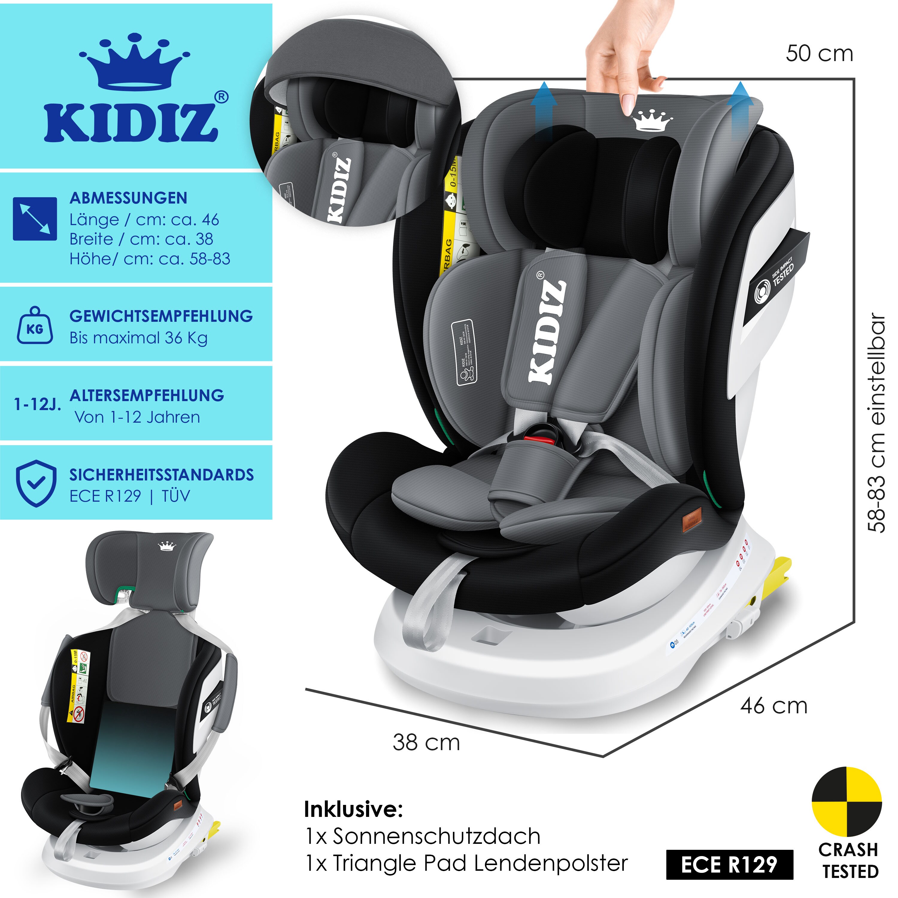 KIDIZ® Kindersitz Baby Autositz Kinderautositz Isofix Top Tether 360° drehbar Gruppe 0/1/2/3 ab Geburt 0-36kg Mit Sonnenschutzdach Seitenschutz 5 Punkt Gurt Kopfstützenverstellung ECE R 129/03