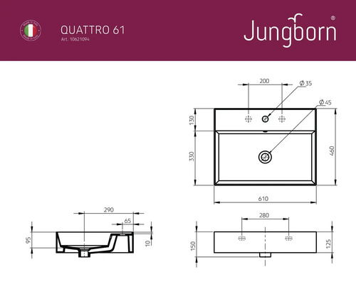 Jungborn QUATTRO wastafel 61 x 46 cm glanzend wit