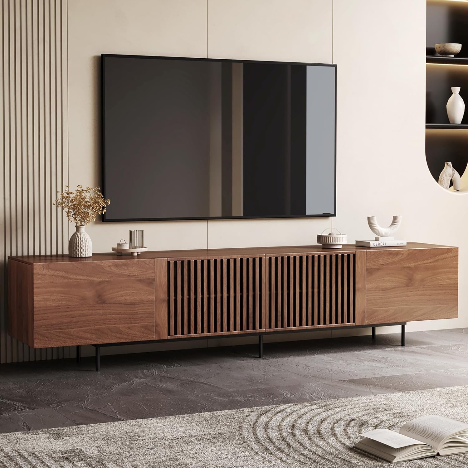 Mid-Century Modern TV-Schrank für 80+ Zoll Fernseher - TV Lowboard mit Stauraum - Home Entertainment Center in Walnuss für Wohnzimmer, Schlafzimmer (240cm)