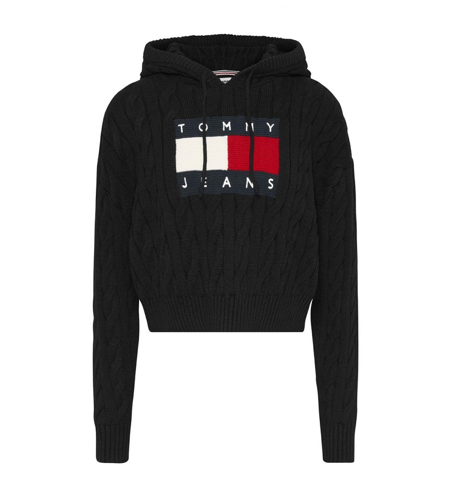 Moletom com capuz Tommy Jeans Cable Knit, preto