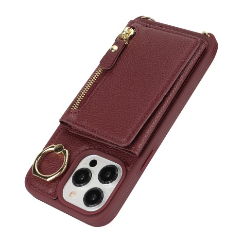 iPhone 15 Pro Necklace Leder Hülle mit Münzfach und Kartenfächer   Finger Griff Halterung   Handykette - Weinrot