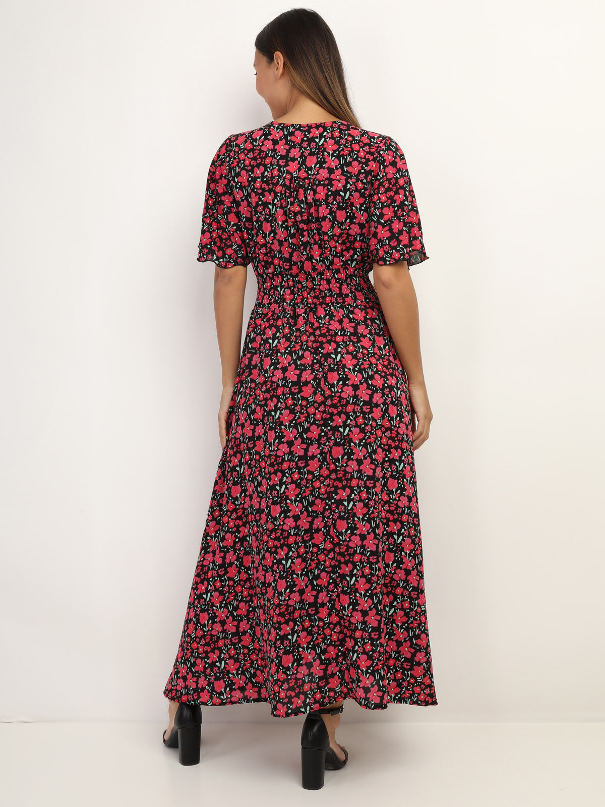 Robe longue fendue à fleurs- Noir