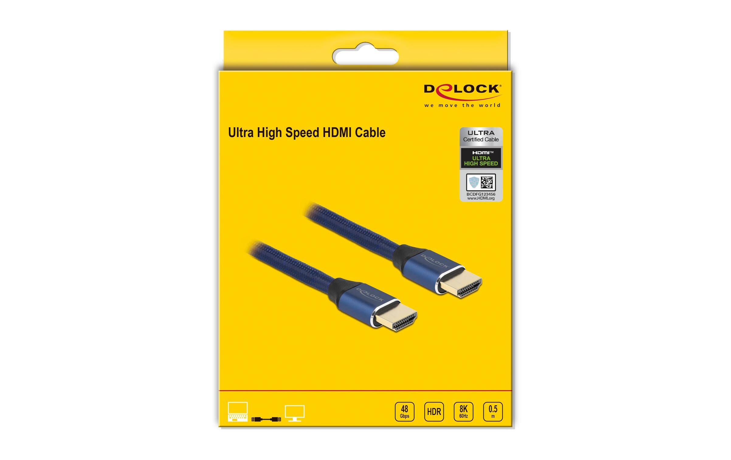 Kabel 8K 60Hz HDMI - HDMI, 0.5 m, BlauDelock Ultra High Speed HDMI Kabel 48 Gbps 8K 60 Hz blau 0.5 m zertifiziert