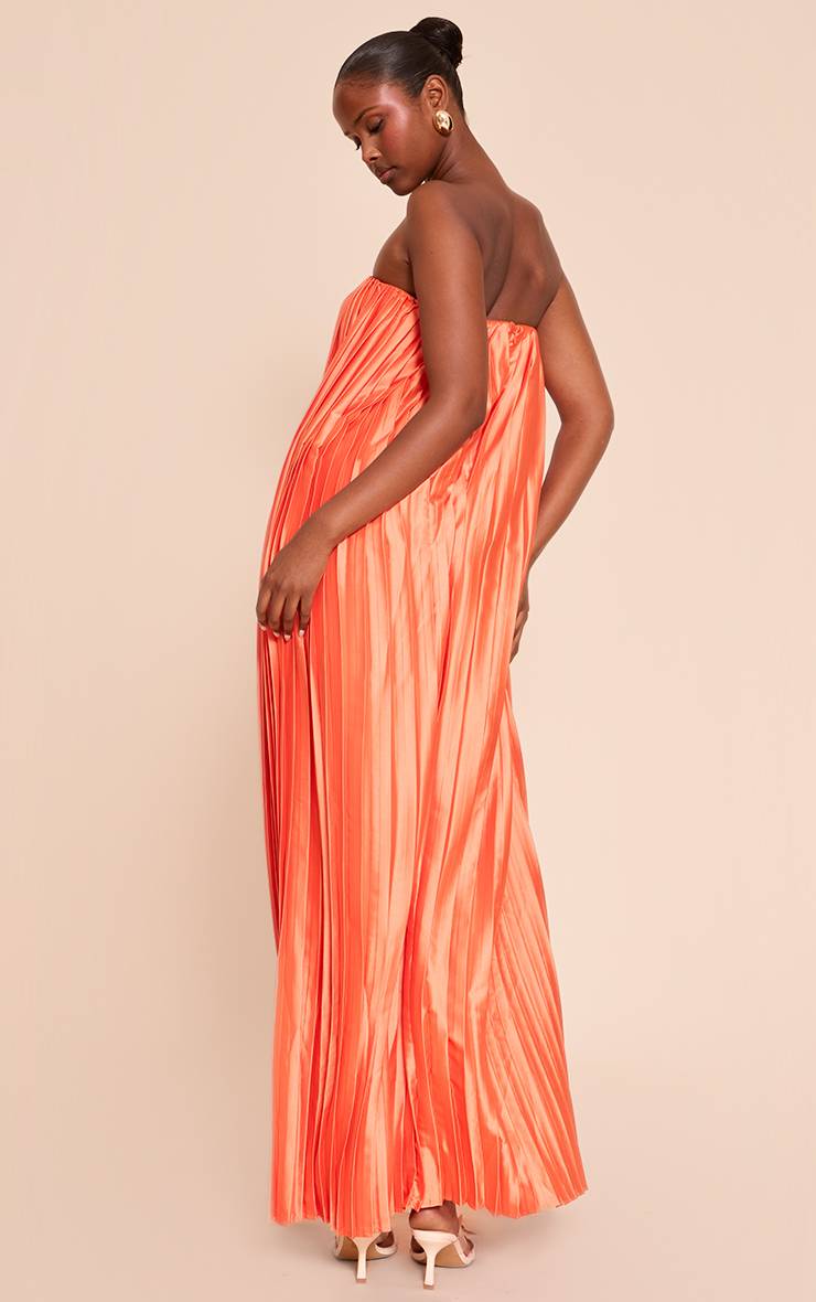 Bright Orange Robe Longue Bustier Plissée En Satin