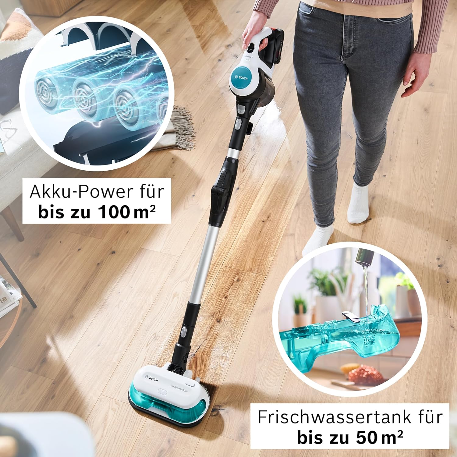 Bosch Akku-Staubsauger Unlimited 7 ProHygienic Aqua BKS71HYG1, kabellos, 2in1 Saugen & Wischen, Knickrohr, HEPA-Filtersystem, 10 J. Motorgarantie, Wechselakku, Schnellladegerät, Made in Germany, weiß