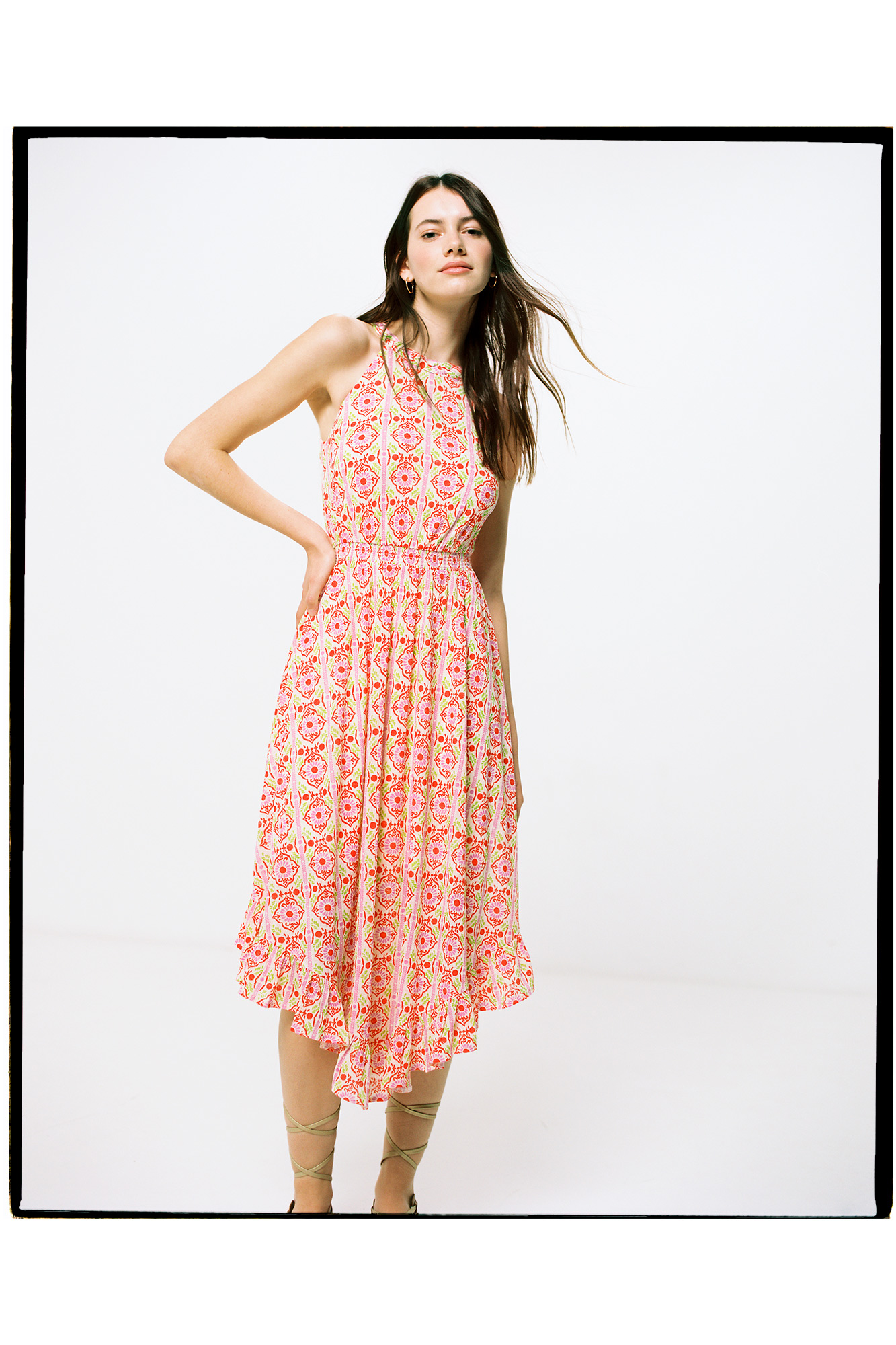 Vestido midi com estampa picot