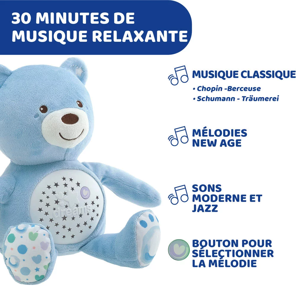 FIRST DREAMS - PELUCHE OURSON PROJECTEUR BABY BEAR BLEU