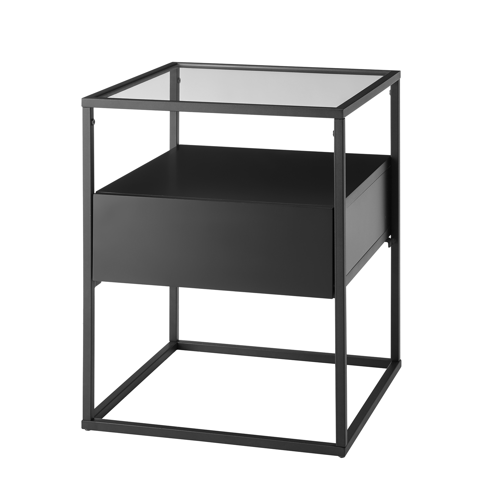 Beistelltisch - schwarz - Glasplatte - mit Schubkasten