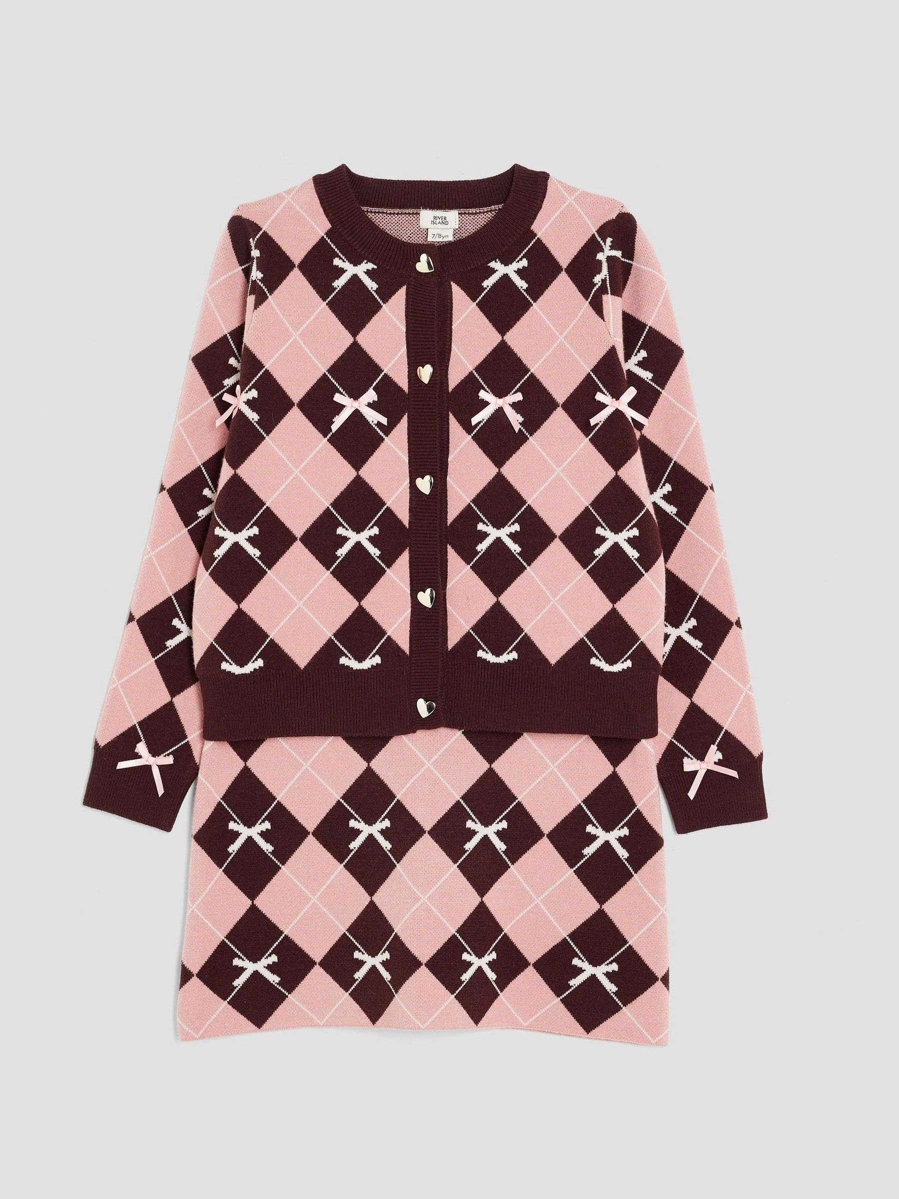 Roze - River Island Girls Argyle Cardigan and Skirt Set