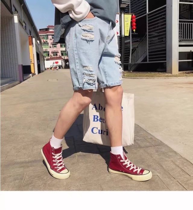 Macho - Mid Rise Washed Distressed Denim Shorts