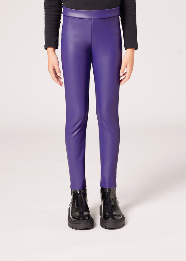 Calças legging térmicas com efeito de couro para meninas