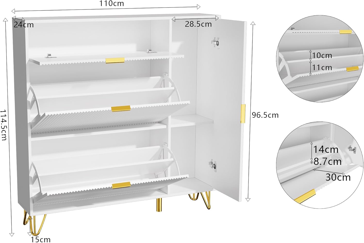 Schuhschrank mit 3 Klappen und Ablagefach, Schuhkipper Schmal mit Ablageflächen Verstellbar, Schuhkommode, für 10-20 Paar Schuhe, Schuhregal, für Eingang, Flur (Weiß, 110x24x114.5)