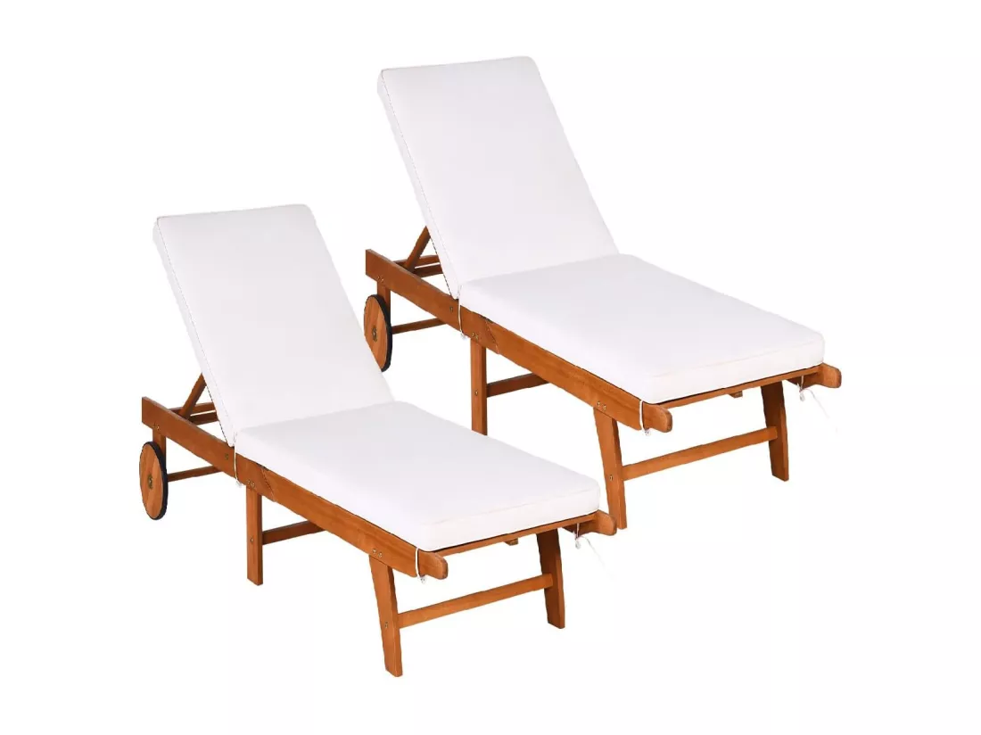 Bains de Soleil Pliable-Bois d'Eucalyptus/Chaise Longue avec Coussin à Roulettes-Dossier Réglable sur 6 Positions-Charge Max 160KG (2 pièces)