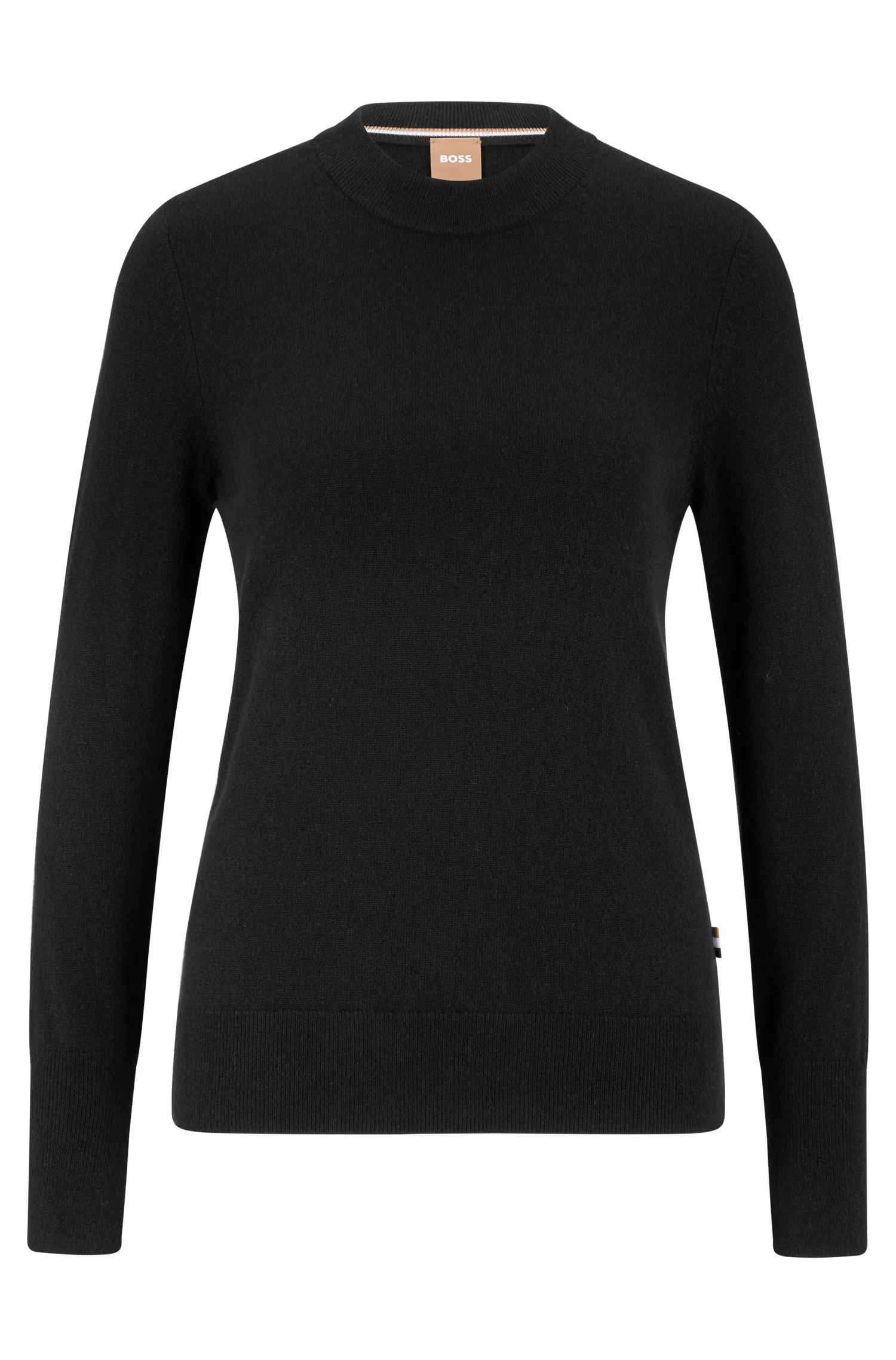 Suéter BOSS preto de gola redonda em cashmere puro.