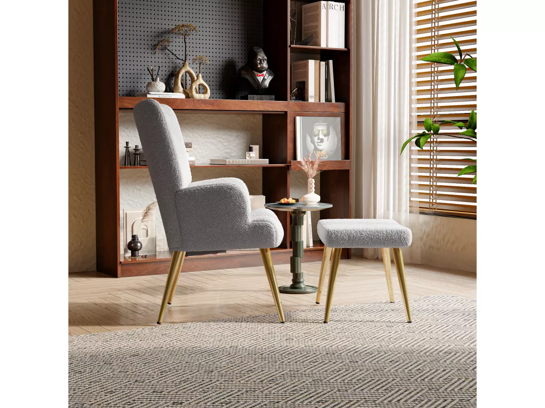 Ensemble 2 pièces, ensemble de chaises sherpa avec tabouret, design élégant, gris