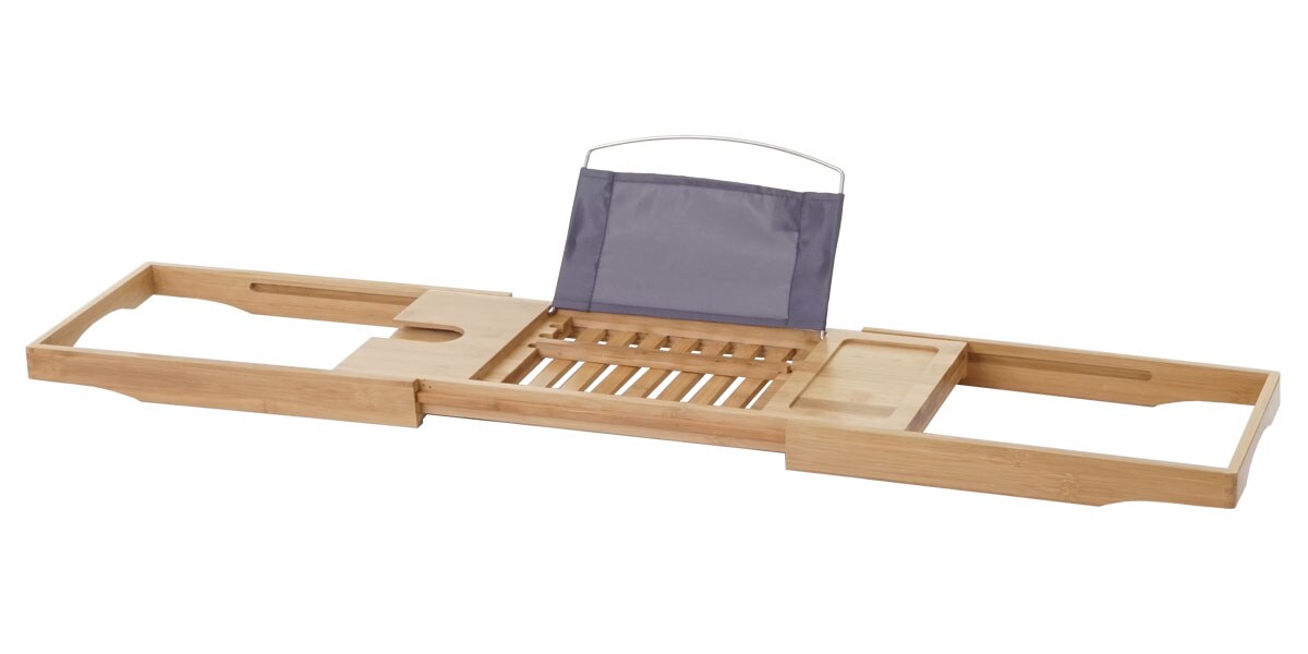 Badewannenauflage MCW-B77, Badewannenablage Wannenbrücke Badewannenbrett Badewannenregal, Bambus ausziehbar 19x105x22cm