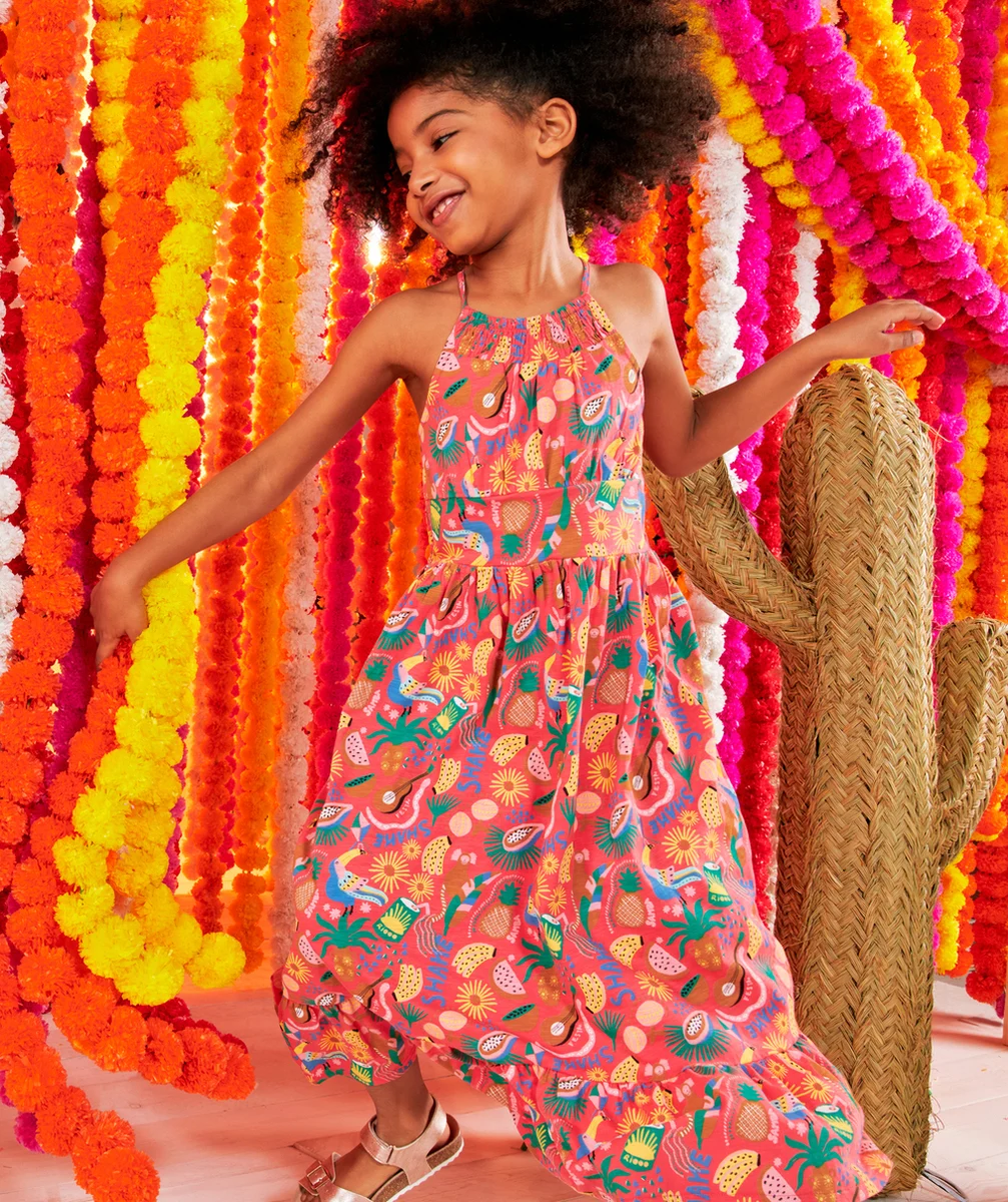 ROBE À BRETELLES FILLE ROSE AVEC VOLANTS THÈME RIO