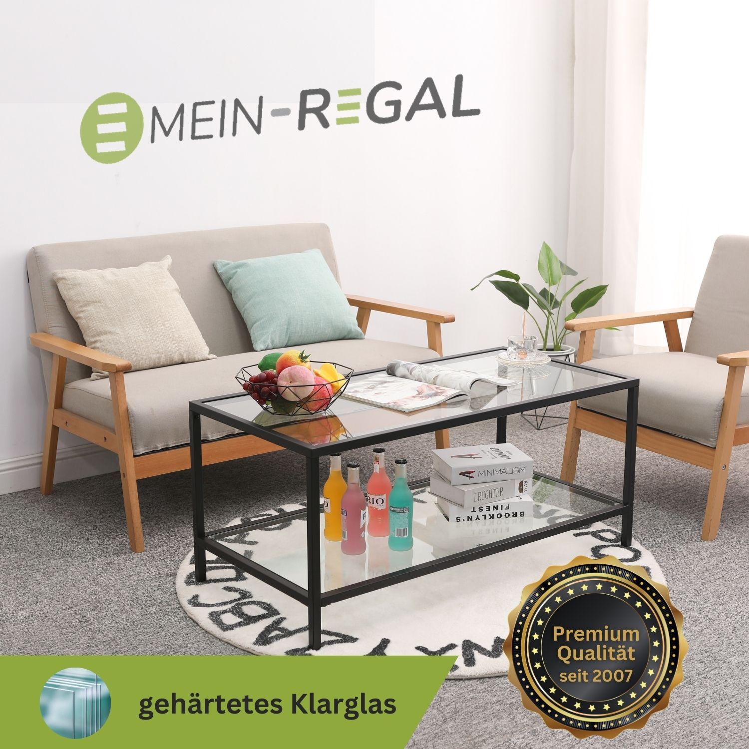 Mein-Regal Couchtisch Glasgow schwarz 100x50x45cm Metall Glasoberfläche Ablagefach