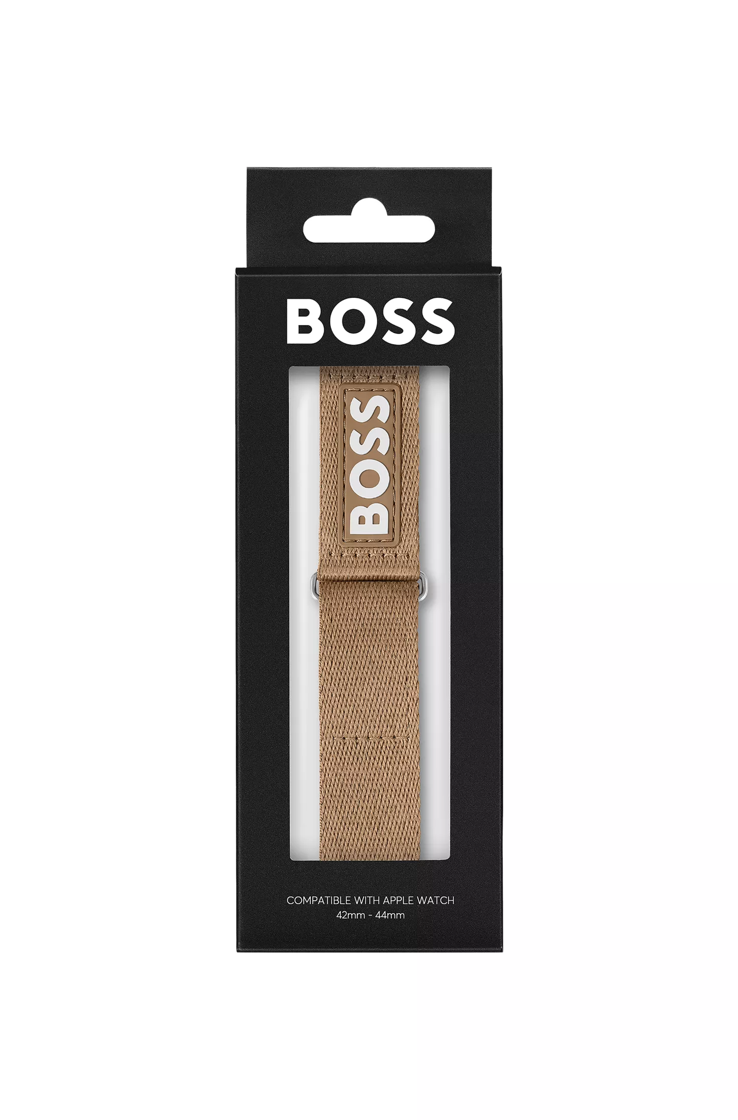 Pulseira BOSS em tecido na cor laranja-camelo para Apple Watch com logotipo contrastante.