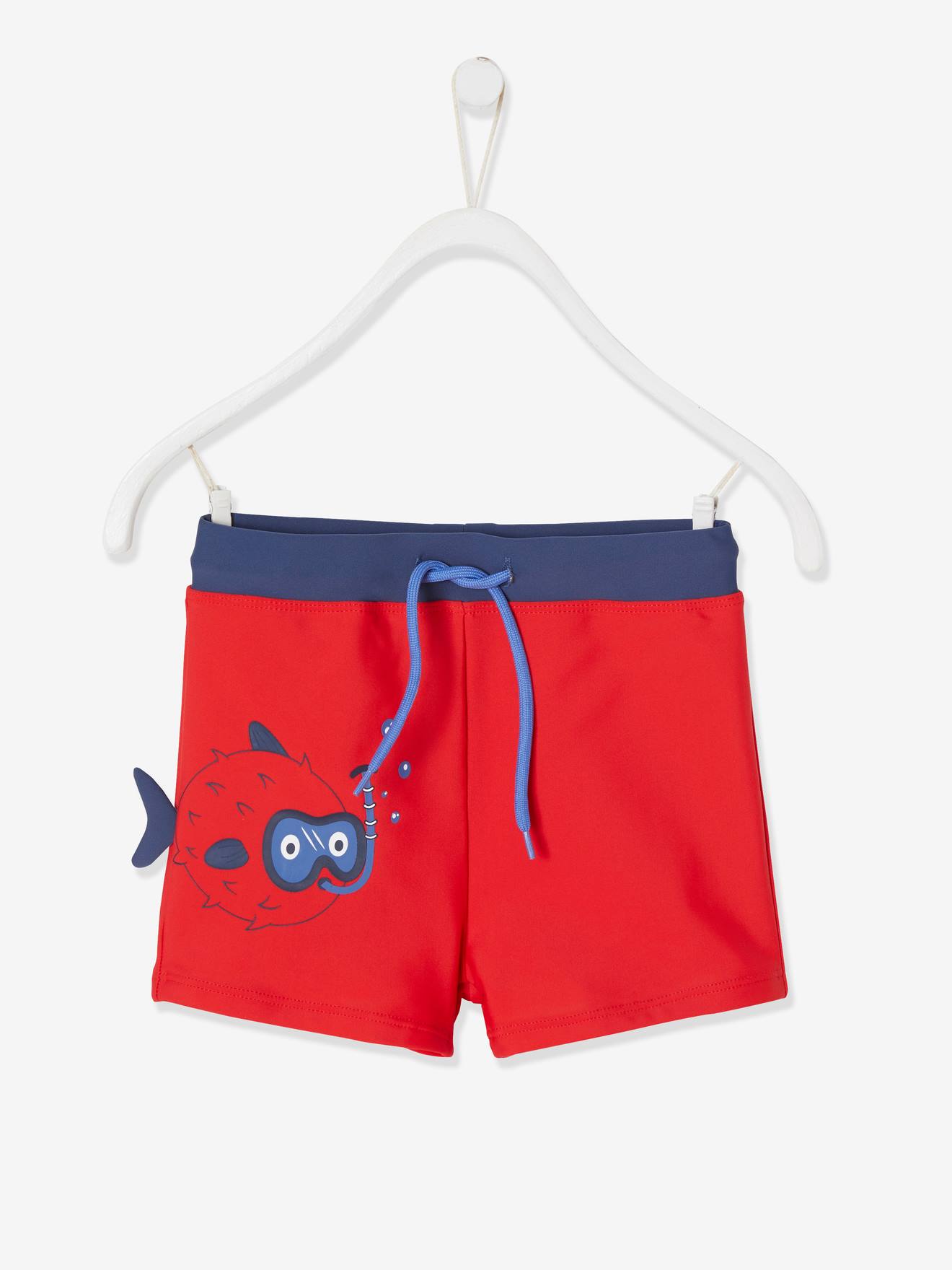 Calção de banho infantil masculino com estampa de peixe 3D, rosa médio, liso com detalhes.