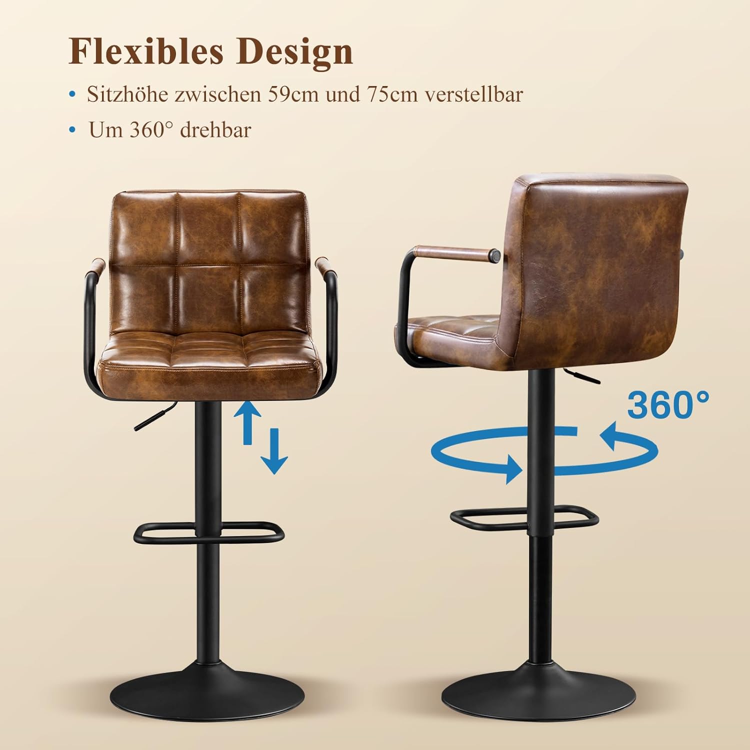 Barhocker 2er Set, Barstuhl höhenverstellbar aus PU-Leder, 360°Drehstuhl Küchenstuhl mit Armlehnen, Rückenlehne und Fußstütze für Küche, Wohnzimmer, Esszimmer, Gelbbraun