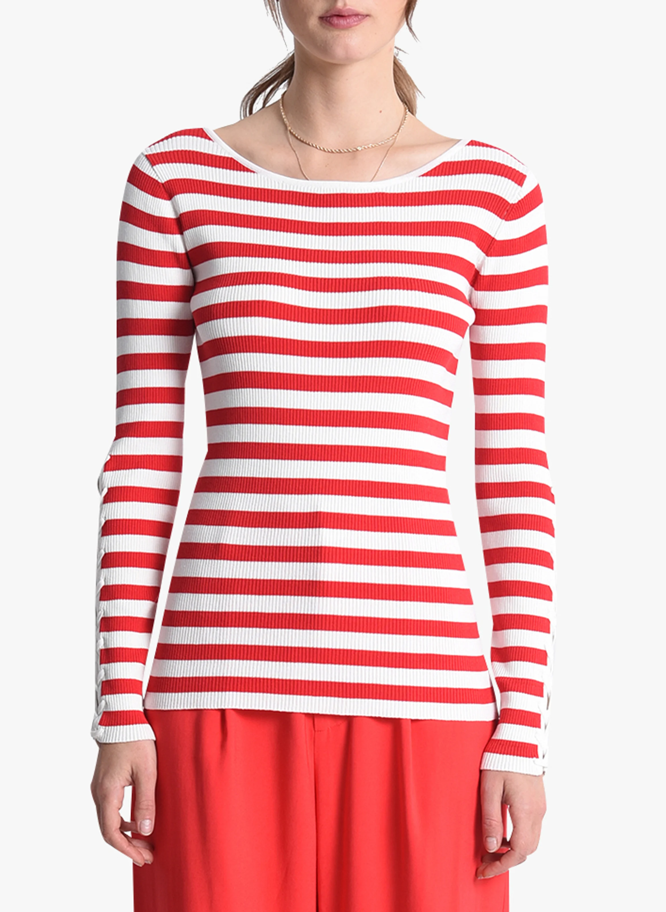 Pull col bateau rayé en maille| Rouge