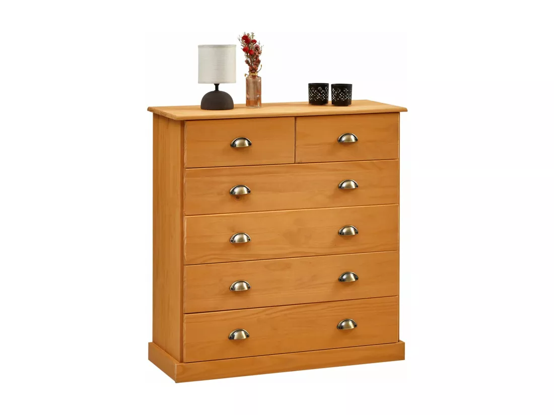 Commode chambre PARIS L 91 cm en bois massif lasuré brun avec 6 tiroirs avec poignées coquille en métal style campagne