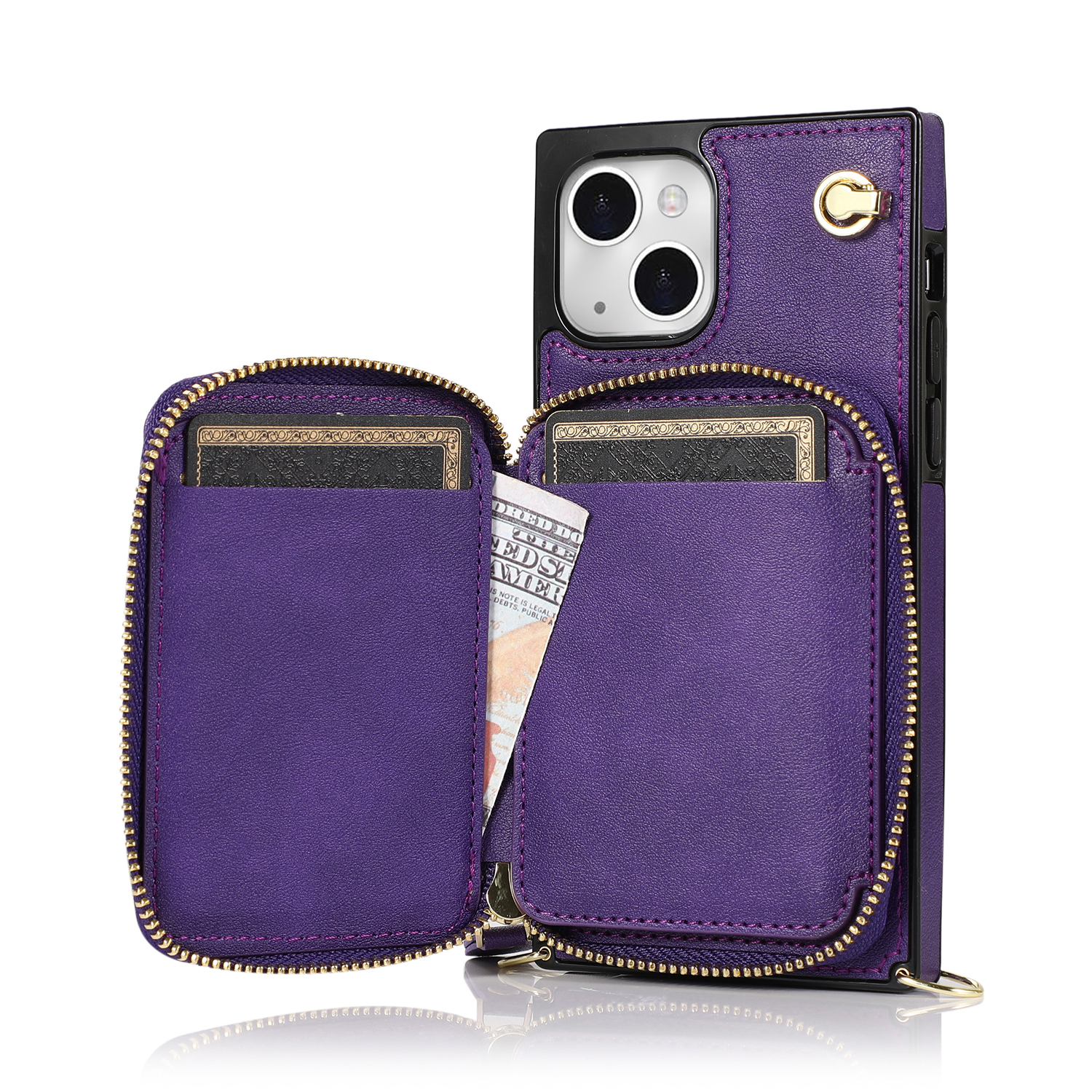 iPhone 13 Necklace Leder Schutz Hülle mit Kartenfächer   Handykette (140cm) - Violett