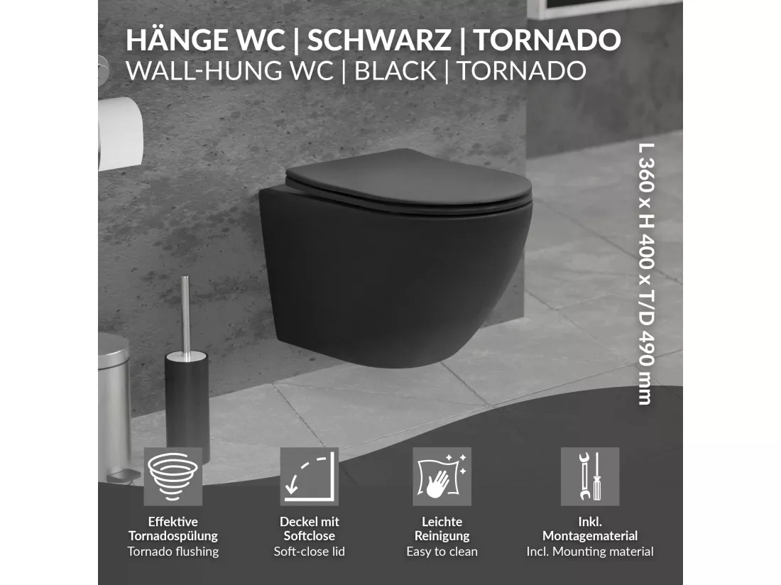 WC Suspendu sans Rebord, Court, Noir Mat, 49cm, Chasse d'Eau Tornade, en Céramique
