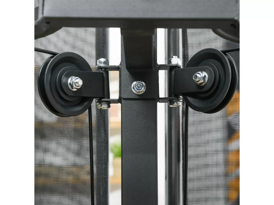 Station de musculation - banc, développé couché, butterfly, barre latissimus et traction, curler, bande résistance, 10 contrepoids - acier noir rouge