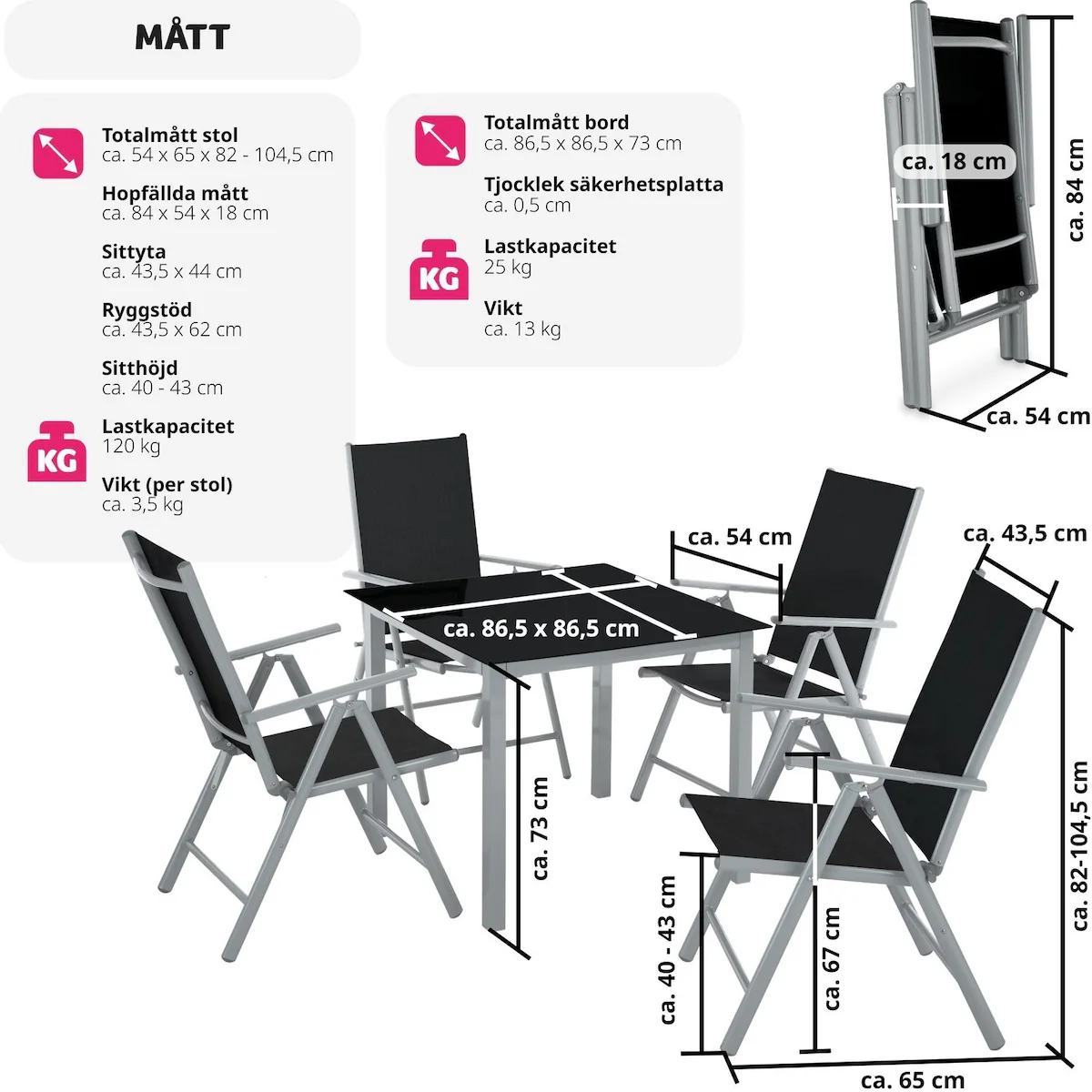 Aluminium hagebord med 4 stoler - Hagemøbler - sølv