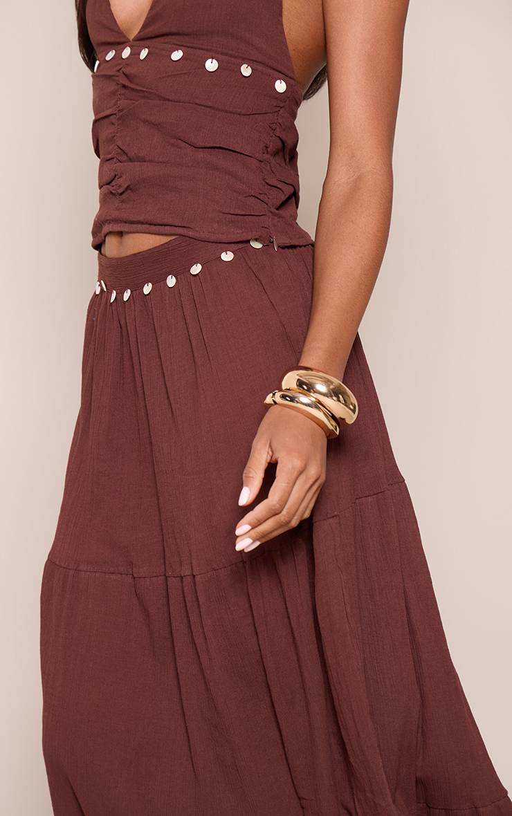 Marron Foncé Jupe Longue En Coton À Détails Sequins Coordonnée