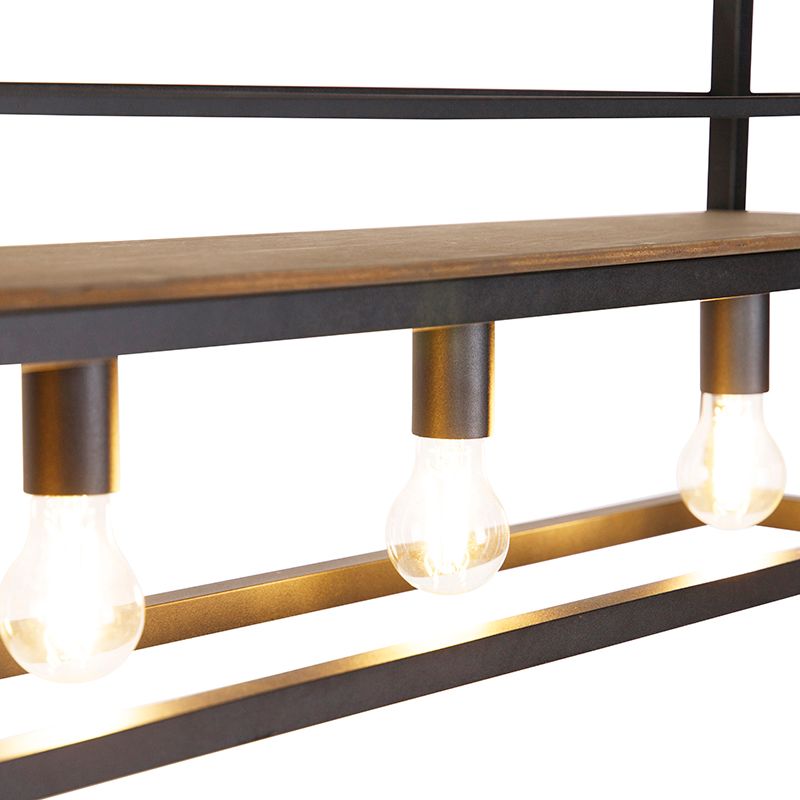 Industriële hanglamp zwart met hout en rek 4-lichts - Cage Rack