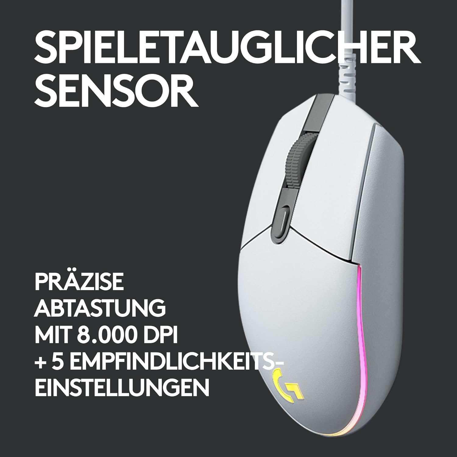 G203 LIGHTSYNC Kabelgebundene Gaming Maus mit RGB Beleuchtung (910-005797) - Weiss