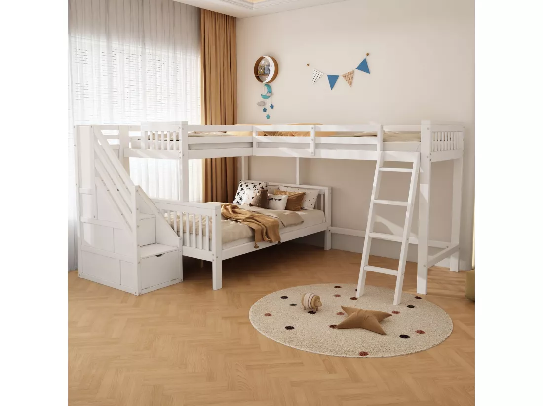 Lit mezzanine, 140x200cm, 90x200cm, lit superposé, lit enfant avec escalier, en bois de pin, Blanc, pour trois enfants