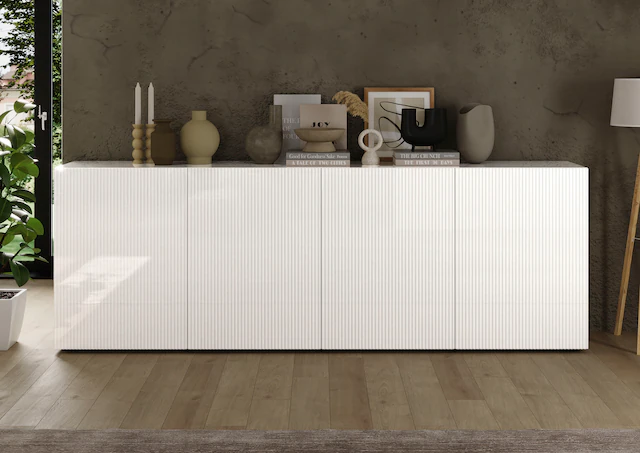 INOSIGN Sideboard »Rio Breite 240 cm, Kommode mit 4 Türen, Anrichte,« geriffelte MDF-Fronten, modern u. elegant, viel Stauraum